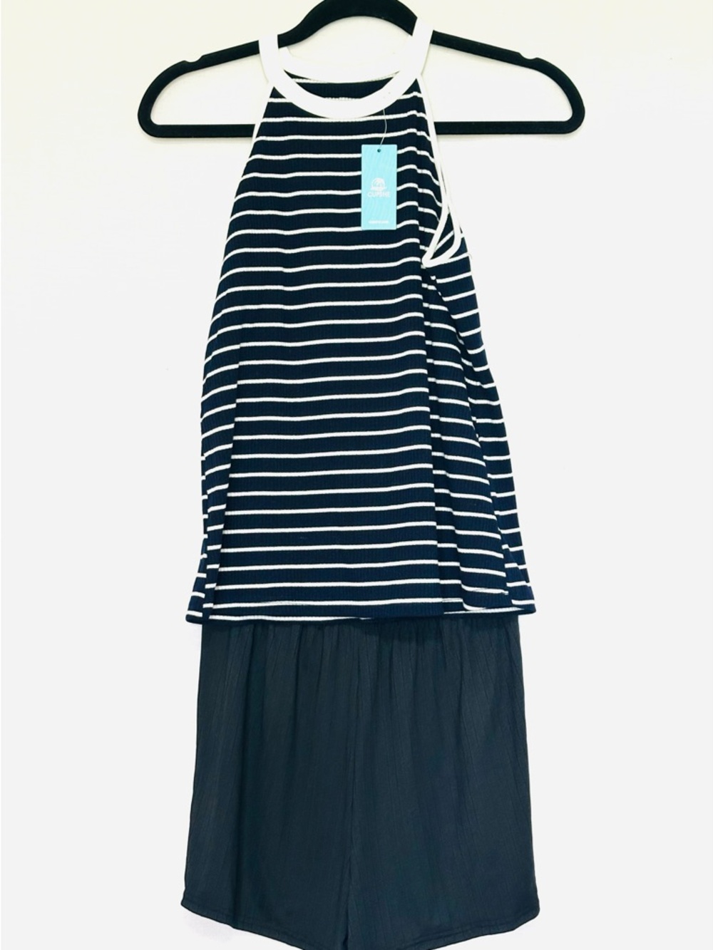 Cupshe Navy & White Striped A-Line Tank Shirt with stretchy shorts. Casual
